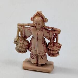 Vintage Carved Figurine Asian Woman with Baskets Red Wash Stamped China 2 Inch